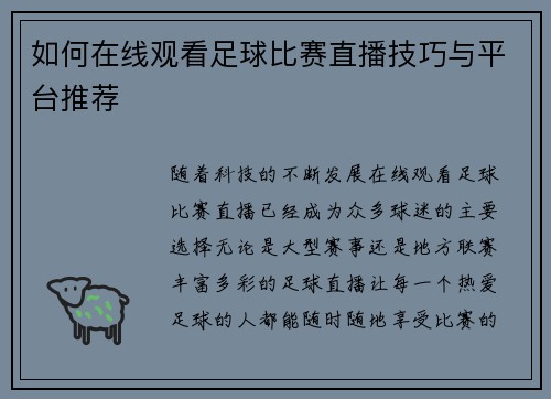 如何在线观看足球比赛直播技巧与平台推荐